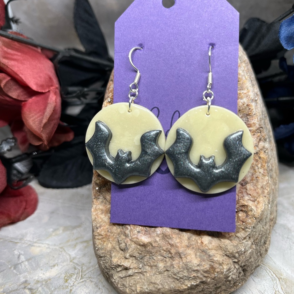Bat on a glowing in the dark moon Earrings